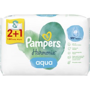 Pampers PROMO Harmonie Aqua Μωρομάντηλα με 99% Νερό χωρίς Οινόπνευμα & Άρωμα 2+1 ΔΩΡΟ [144 Τεμάχια]