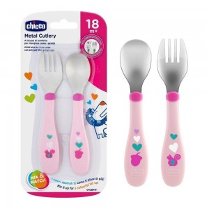 Chicco Metal Cutlery Mix & Match Σετ Πιρούνι - Κουτάλι Ανοξείδωτο 18m+ Ροζ